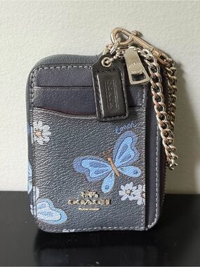 ❌SOLD❌ COACH Lovely Butterfly Zip Card Case Wristlet Midnight Navy Blue/ Silver